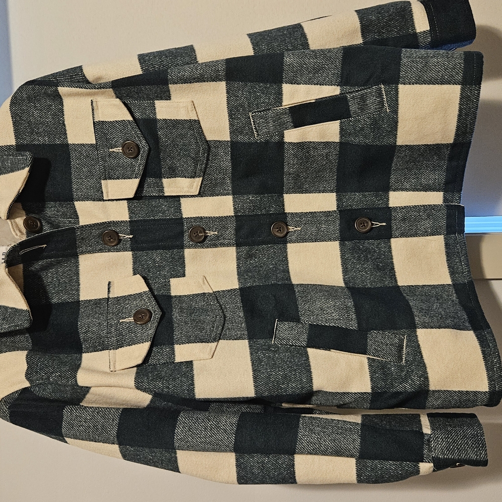 Checkered Button-Up Jacket in Dark Green and Cream.  Brand New With Tags.